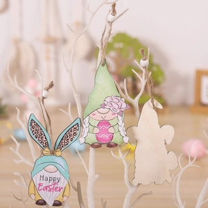 Macro detail of wooden Easter gnome pendants with leopard bunny ears and jute rope hangers