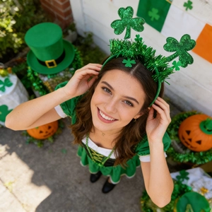 Saint Patrick's Day outfit featuring clover headband and festive green dress with gold lacing