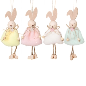 Set mit vier bunten Osterhasen-Anhängern mit Plüschkörpern und Holzelementen