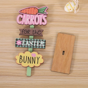 Easter Bunny wooden sign table ornament with colorful painted carrot design and base