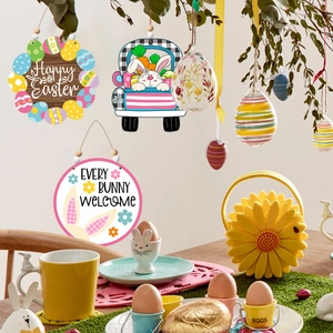 Wooden Easter door signs featuring Happy Easter eggs and bunny truck decorations