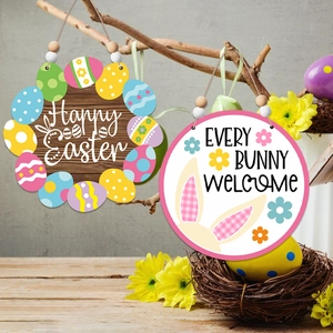 Rustic wooden Easter door signs featuring Happy Easter eggs and Every Bunny Welcome motifs