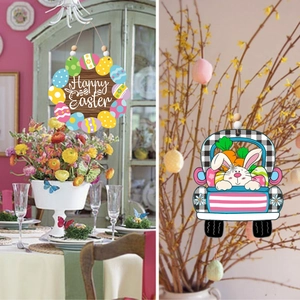 Wooden Easter door hangers with truck rabbit design and round Happy Easter plaque