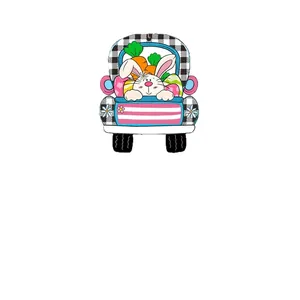 Easter wooden door sign with cartoon truck, white bunny, colorful eggs and carrots