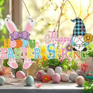 Close-up of Hoppy Easter and Happy Spring wooden signs with floral bows and gnomes