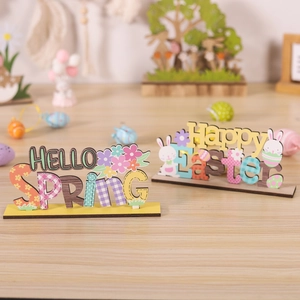 Easter decorative wooden signs featuring Hello Spring and Happy Easter with bunny motifs