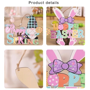 Detail of wooden Easter gnomes and bunny signs with Happy Spring and Hoppy Easter text