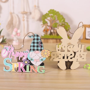 Detail of wooden Easter gnome signs with Happy Spring and Happy Easter engravings