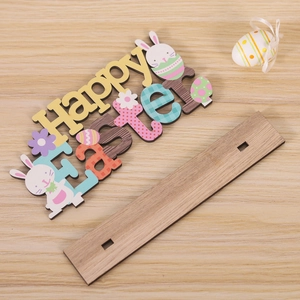 Happy Easter wooden tabletop ornament with bunny and egg motifs on a natural wood base