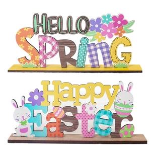 Easter bunny and Hello Spring wooden desktop signs for festive home decor and table setting