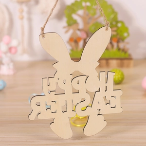 Detail of wooden Easter bunny sign with Happy Easter cutout and natural jute rope