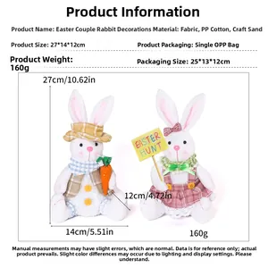 Detailed size specifications for a pair of plush Easter bunny dolls with plaid decorations