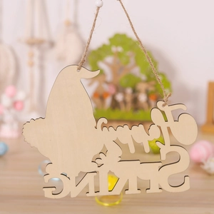Detail of laser-cut wooden gnome hanger with Happy Spring cutout text and twine string