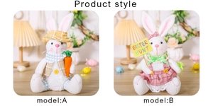 Detail of plush Easter bunnies in plaid outfits holding carrots and Easter hunt signs