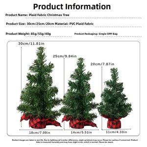 Three sizes of plaid pattern Christmas tree decorations with precise dimension markers