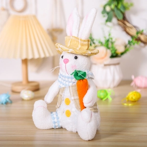 Easter rabbit plush toy in plaid vest holding a carrot for festive home decoration