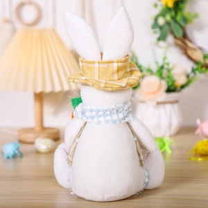 Easter plush bunny with yellow plaid hat and knit scarf, white rabbit doll decor