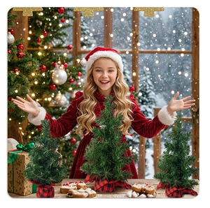 Mini Christmas tree set with red and black plaid base on festive table decor