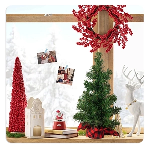 Miniature Christmas tree detail with red plaid base and pine needle needles decoration