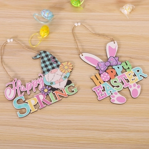 Wooden Easter gnome and bunny hanging ornaments featuring Happy Spring and Happy Easter text