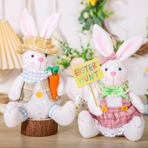 Cute Easter Bunny Plush Figurine Plaid Outfit Handmade Rabbit Doll With Easter Hunt Sign Carrot Pastoral Party Decoration