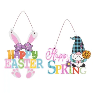 Easter wooden hanging ornaments with bunny ears and gnome designs for festive spring decor
