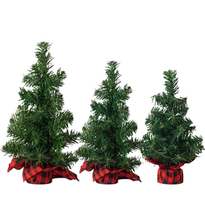 Three-piece set of deep green artificial Christmas trees with classic red plaid cloth bases