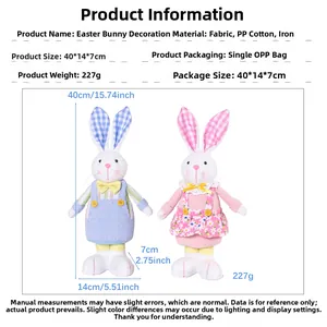 Detailed view of handmade Easter bunny dolls with size 40x14cm and fabric material