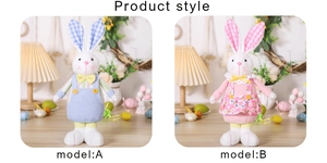 Easter bunny dolls detail showing blue striped outfit and pink floral skirt styles
