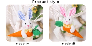 Detail of plush Easter bunnies with plaid ears and felt carrots for festive decoration
