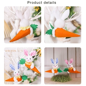 Detailed view of Easter plush bunny charms with carrots and colorful checkered ear accents