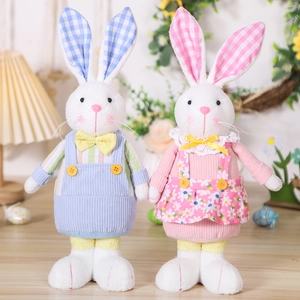 Handmade Easter Rabbit Plush Doll Gingham Ears Floral Dress Bunny Couple Gift Desktop Decoration Holiday Home Ornament