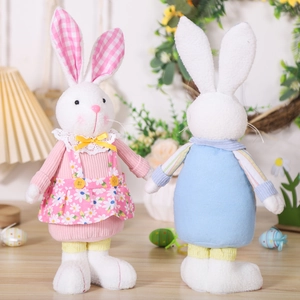 Standing Easter bunny plush set with floral dress and striped shirt for festive decor