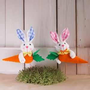 Easter plush bunny stakes with carrots and plaid ears for festive garden party decor