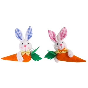 Set of two plush Easter bunny decorations hugging large carrots for party decor