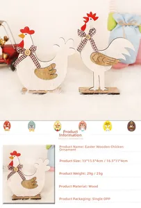 Detail of wooden Easter chicken ornaments with dimensions and bow-knot decorations