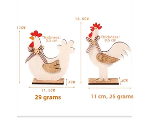 Detail of wooden Easter rooster figurines showing 13cm and 16.5cm height dimensions