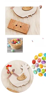 Detail of wooden Easter hen ornament with plaid bow and colorful hand-painted eggs