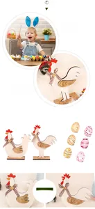 Detail of wooden Easter chicken ornaments and colorful painted eggs with plaid ribbons