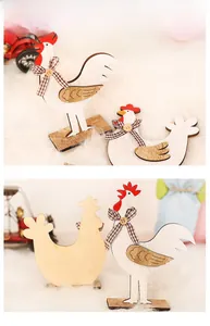 Detail of wooden Easter rooster decor with rustic grain and red plaid ribbon bow