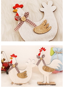 Close-up of wooden Easter roosters with checkered bows and rustic button details