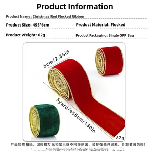 Detail view of 6cm red and green Christmas flocking ribbon with gold edge and size specs
