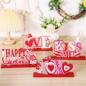 Wooden Valentine's Day Tabletop Decoration Love Kiss Happy XOXO Letter Plaque Heart Print Romantic Party Home Ornament