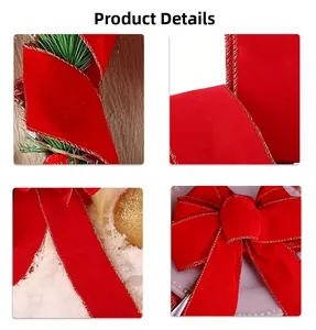 Macro view of red velvet Christmas ribbon with gold stitched edges for gift wrapping