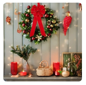 Detailed Christmas wreath with red bows, gold ornaments, and festive pine needles decoration