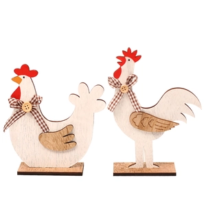 Easter painted wooden rooster and hen tabletop figurines with bows and stable base