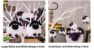 Detail of hanging plush sheep ornaments in two sizes on decorative white branches
