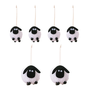 Set of six cute black and white plush lamb hanging ornaments for festive home decoration