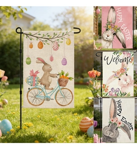 Détails des drapeaux de jardin de Pâques en lin avec motifs de lapins et texte Happy Easter