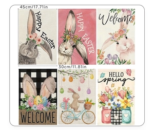 Détails de six drapeaux de jardin lapin de Pâques en lin texturé avec impressions vives
